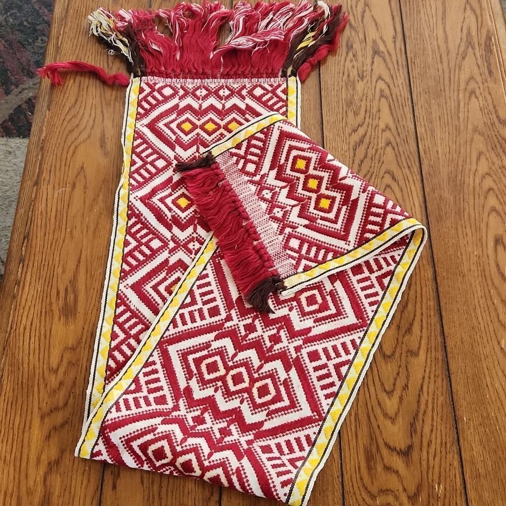 Lithuanian Handwoven red white and yellow linen tablerunner dresser scarf